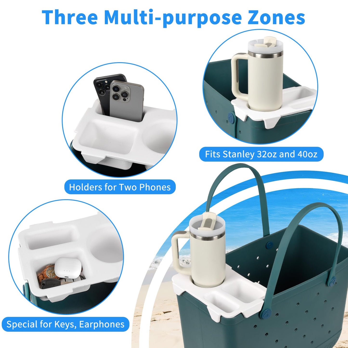 Topper Tray for Bogg Bag Accessories, Tote Bag Organizer Cup Holder (White)