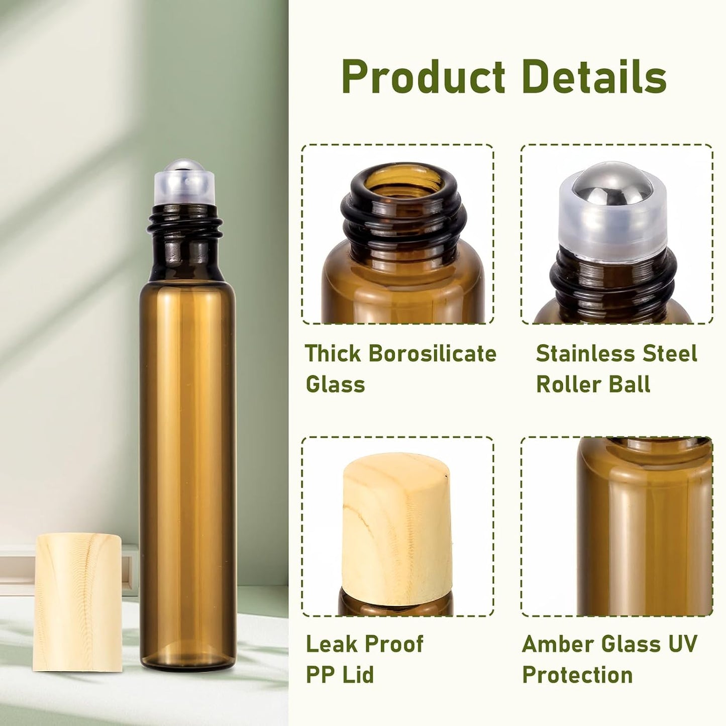 Amber Glass Roll-On Bottles - 10mL Leak-Proof Refillable Essential Oil & Perfume Containers | 8 Pack for Travel & DIY