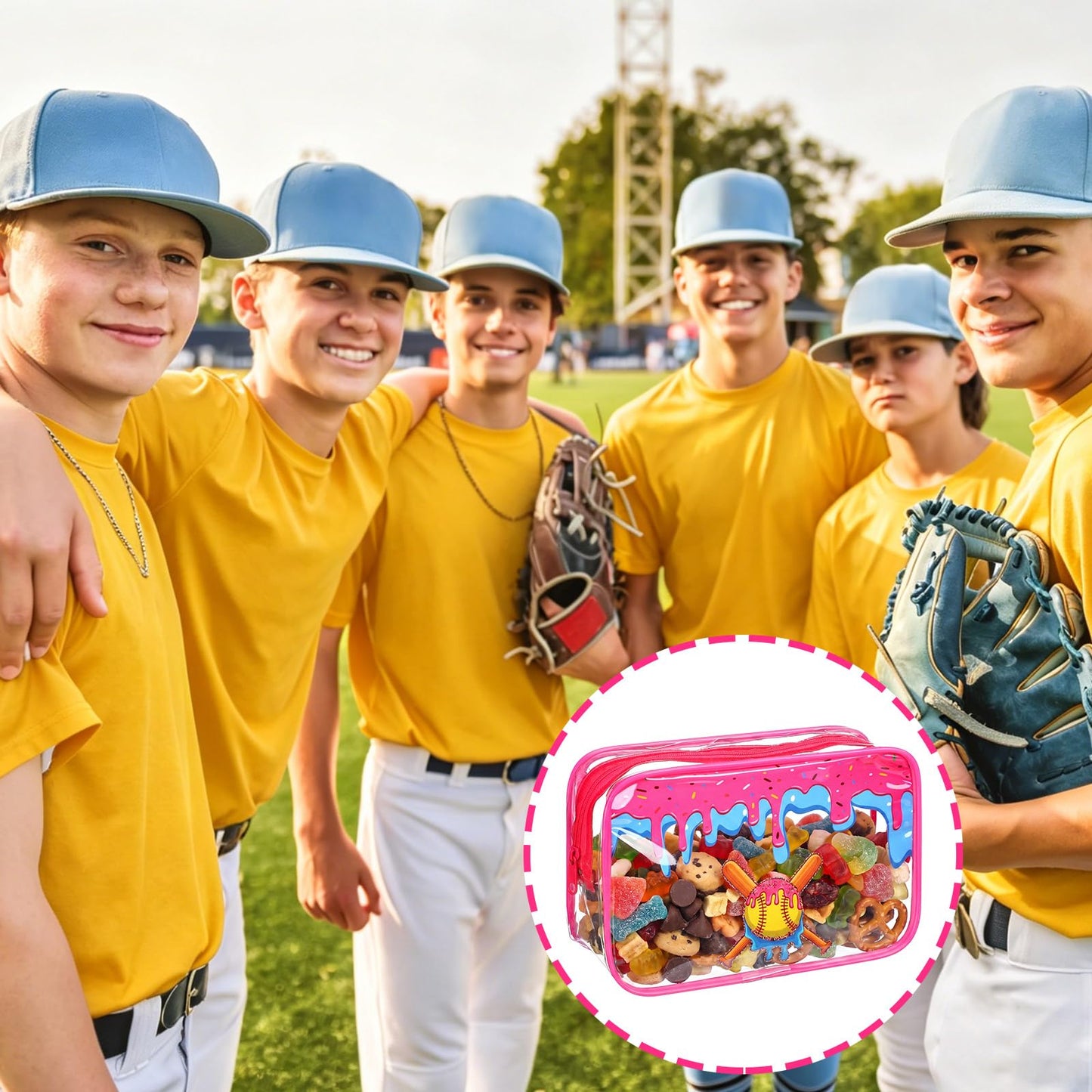 Tallew 12 Pcs Ice Cream Drip Softball Bags for Snacks 7 x 4.7 x 2.4'' Softball Snack Bags Sport Party Favor Clear PVC Waterproof Goodie Treat Pouch with Zipper for Team Gifts Birthday Party Favor