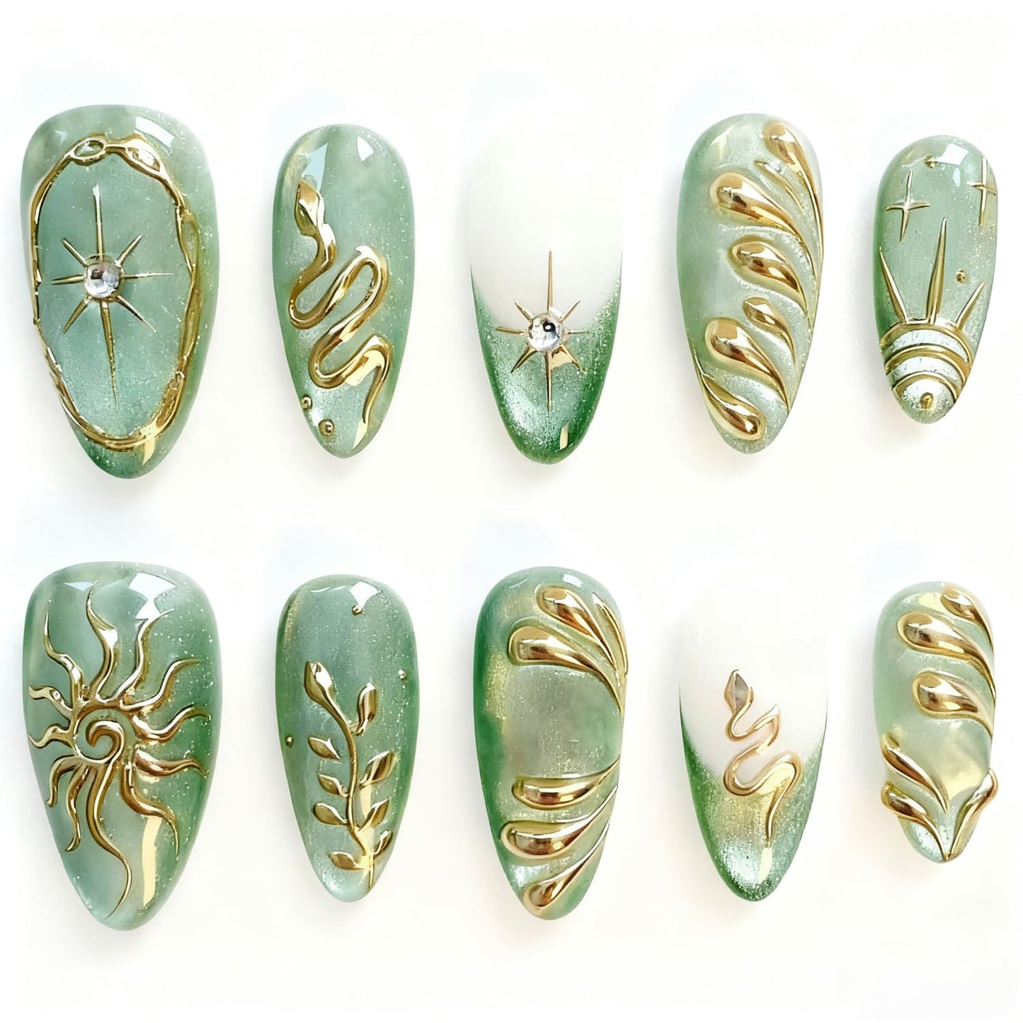 Press-On Nails - 24Pcs Medium Almond Fake Nails with Lotus & Lucky Koi Design | Glossy Full Cover for Spring/Summer DIY Manicure
