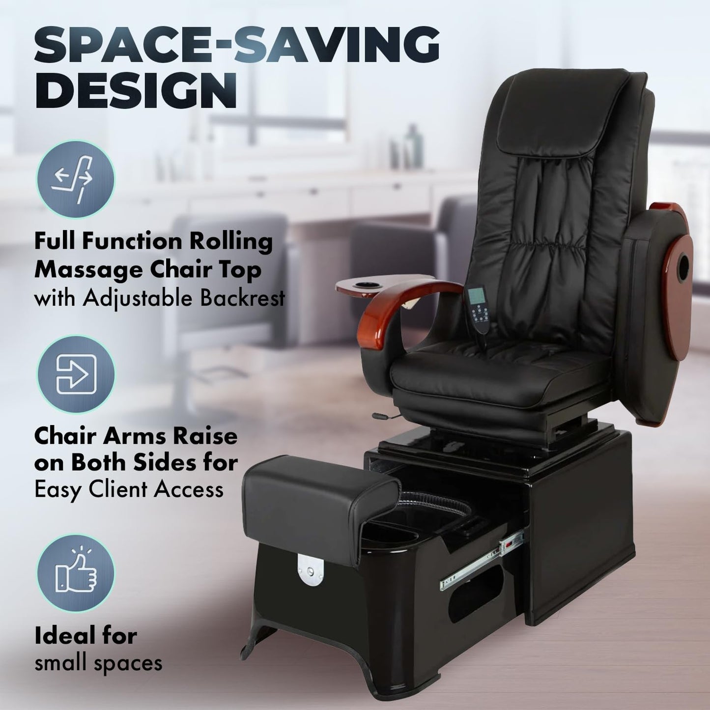 Pibbs PS42 Plumb-Free Fiberglass Pedicure Spa, Footsie Bath, Full Roller Massage, Reclining Back, Liners, Adjustable Footrest & Manicure Trays, No Plumbing, PIB-PS-42-BLK