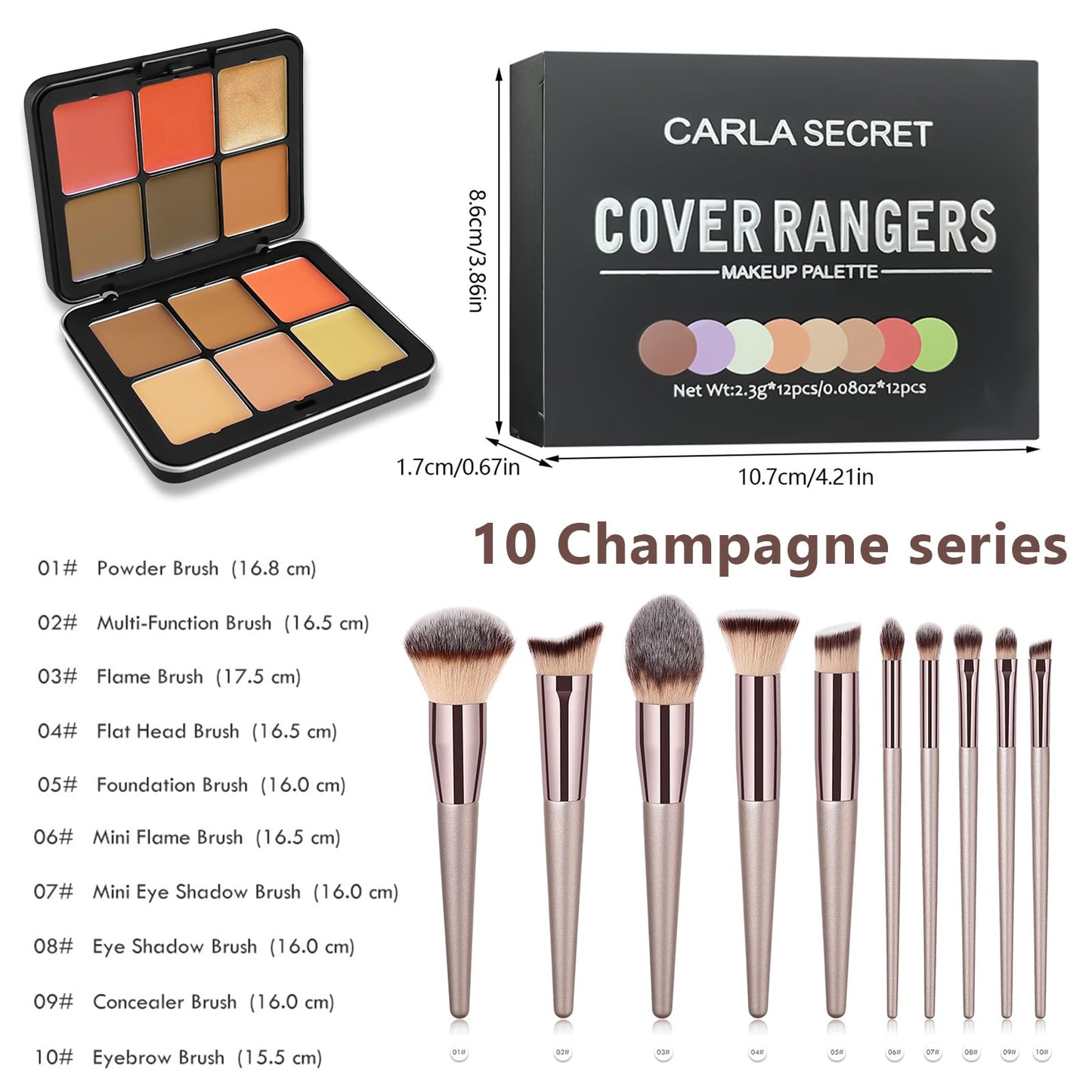 JasCherry Makeup Kit, 12 Colors Vegan Eyeshadow Concealer Palette with 10 Professional Champagne Gold Makeup Brushes Set, Cruelty-Free, Gift Set for Women, Teens, Beginners(A)