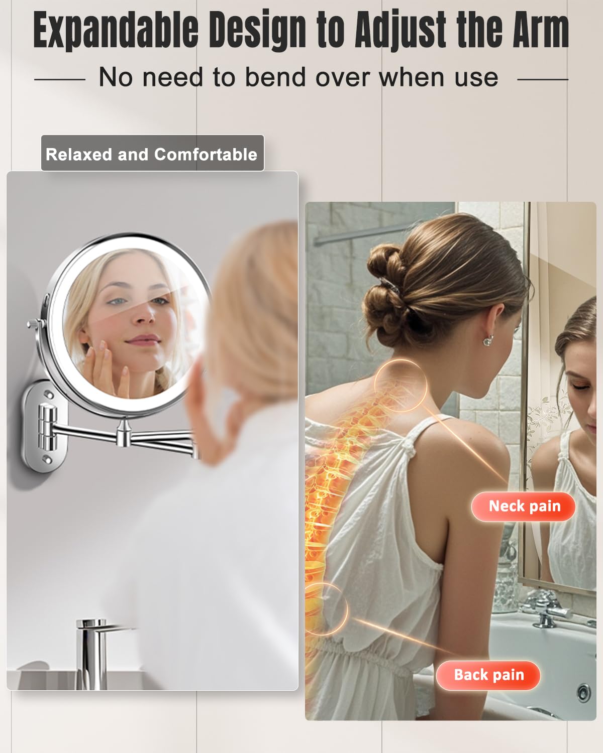 30X/1X Wall Mounted Lighted Makeup Mirror, 8'' Double Sided Rechargeable Magnifying Bathroom Mirror with Light, 3 Color Lights Touch Dimmable Extended Arm 360 Rotation Light up Mirrors