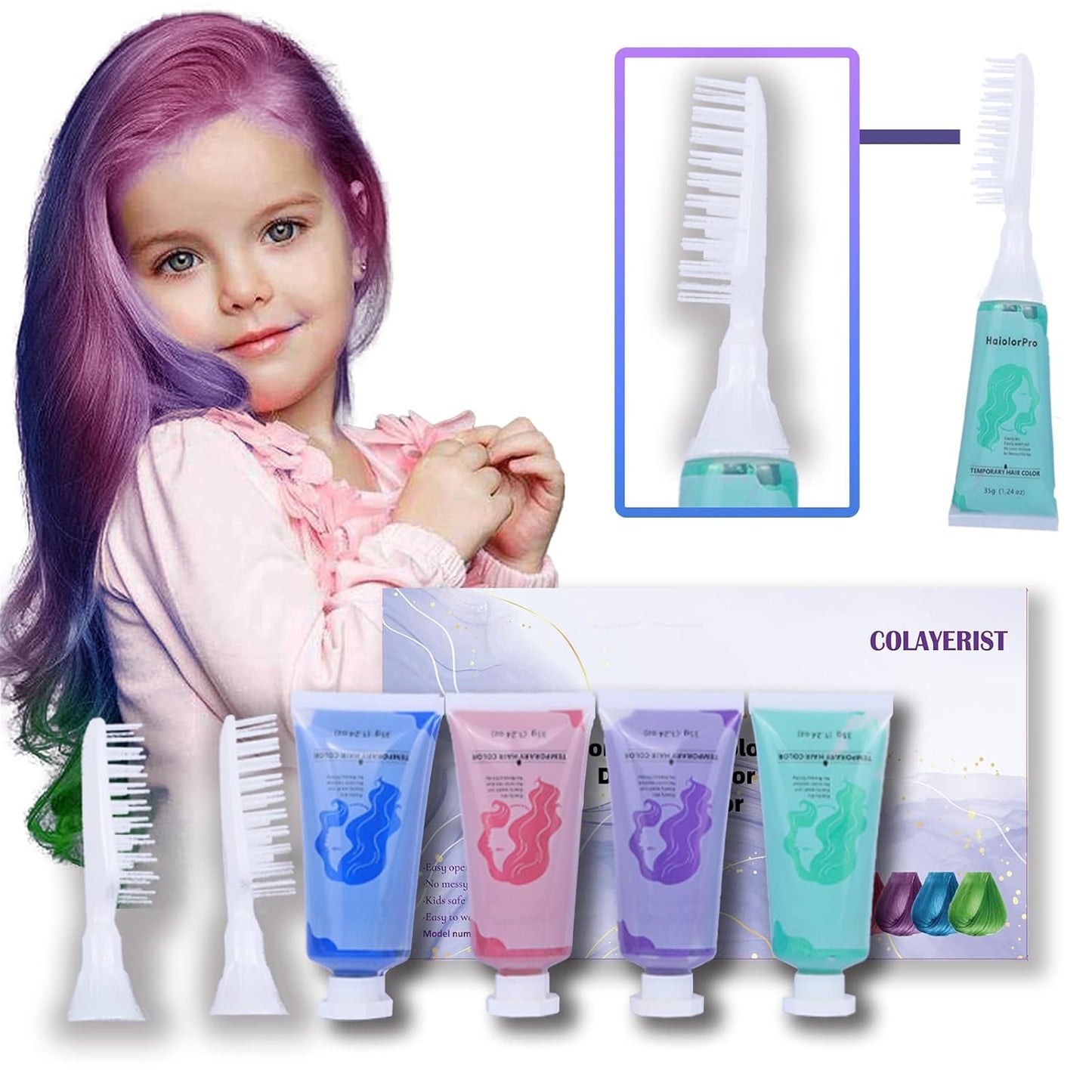 Temporary Hair Color Wax Kit - 4 Washable Hair Dyes in Green, Blue, Pink & Purple | Perfect for Kids & Adults 6-13 Years