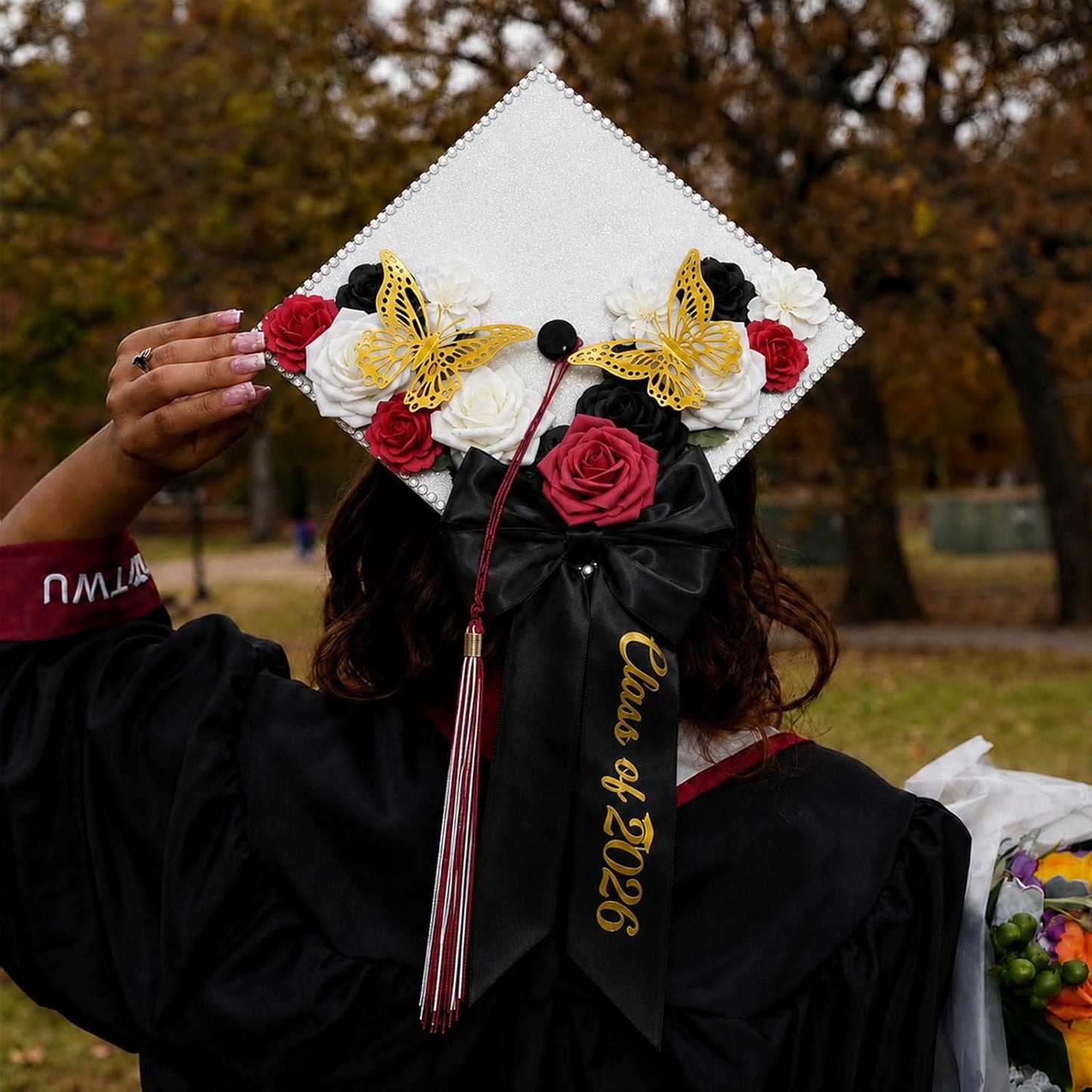 Graduation Cap Bow - Class of 2026 Satin Ribbon Hair Accessory | Black Embroidery Decor