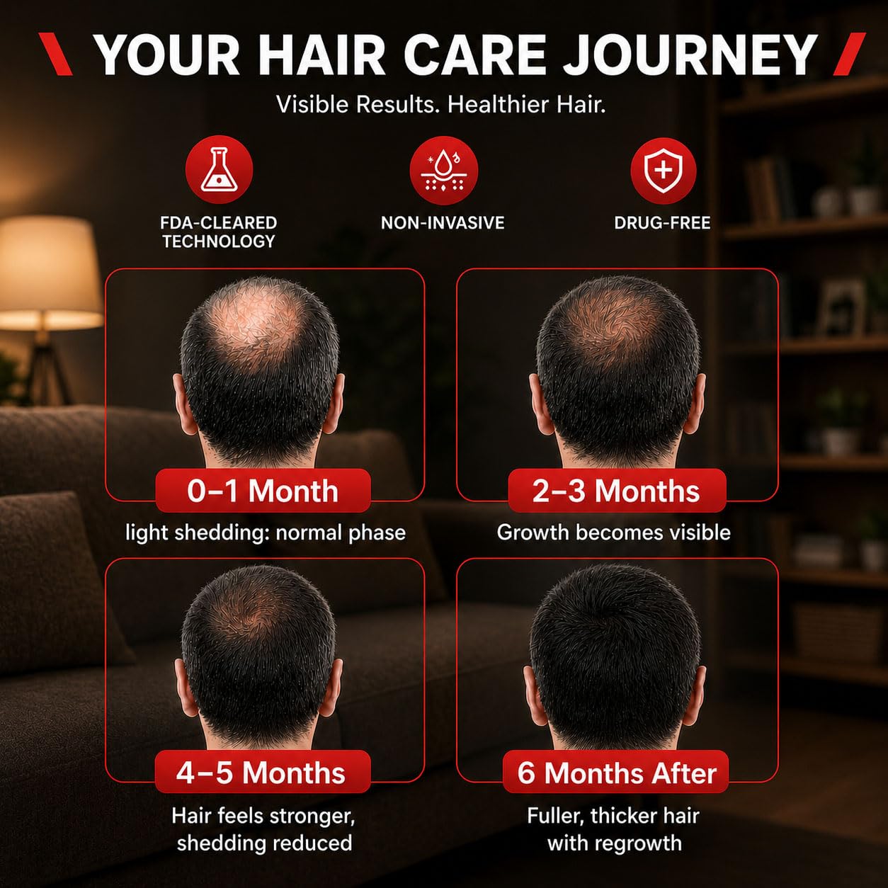 Red Light Therapy Hair Growth Cap - 528 Light Emitters for Full Scalp Coverage | Unisex Black