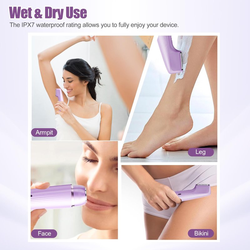 Bikini Trimmer for Women 2 in 1, Dual Head Womens Electric Shaver, Electric Razors for Pubic Hair, IPX7 Waterproof Rechargeable Facial Hair Removal for Shaving Underarm Leg Arm Body Face, Light Purple