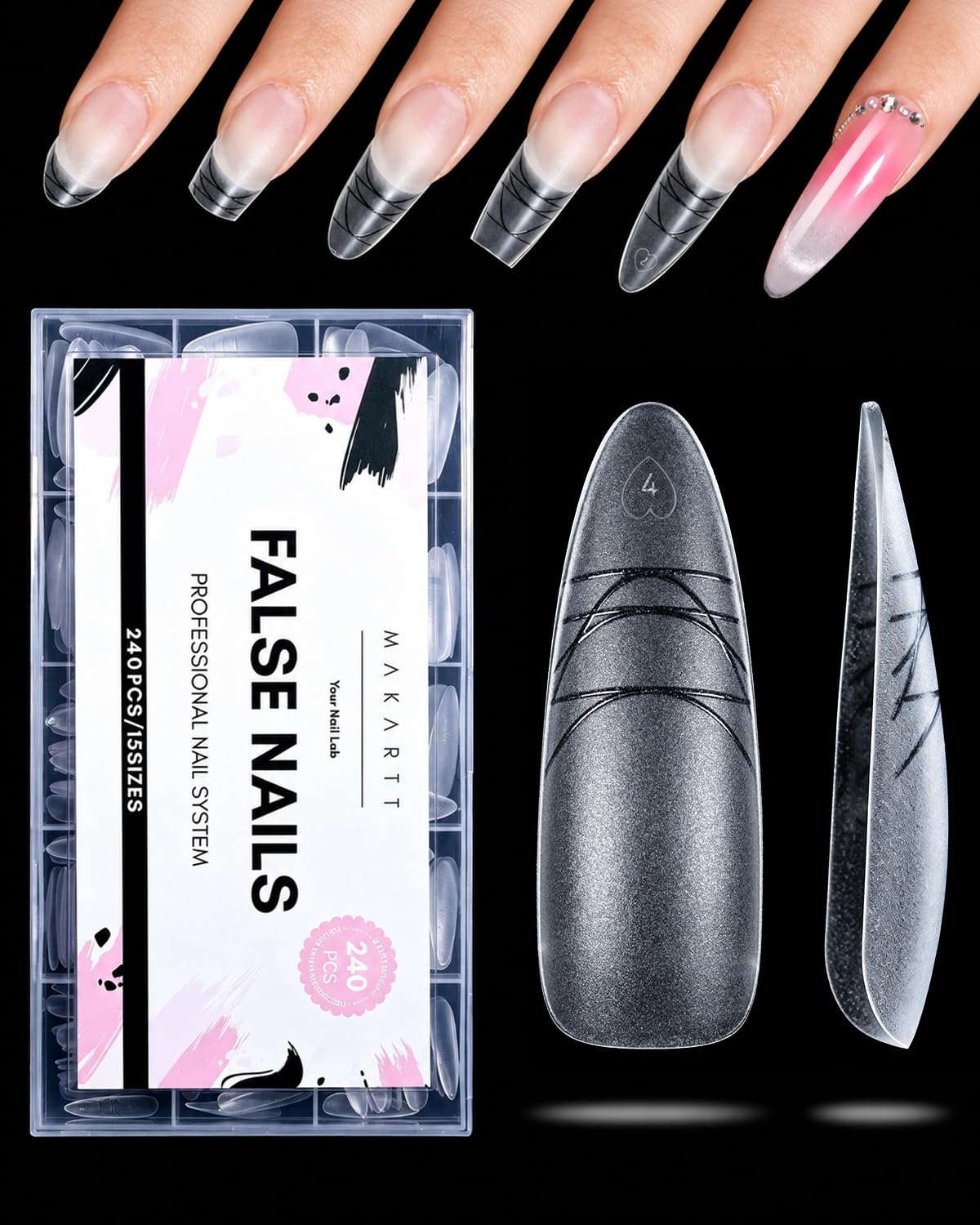 Makartt Long Almond Nail Tips: with Scales for Convenient Shape, Matte, 240 PCS, 15 Sizes, Fake Nails Stiletto - Full Cover Acrylic Press On Nail Extensions Manicure DIY Home for All Nail Beds