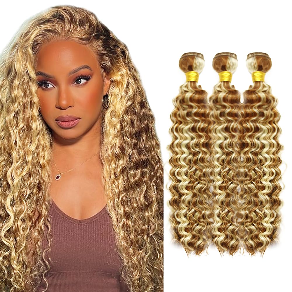 28 30 32 Inch GveoXvo Blonde Deep Wave Bundles #30 Brown Bundles Human Hair Brazilian Virgin Remy P30613 Highlight Bundle Hair Extensions