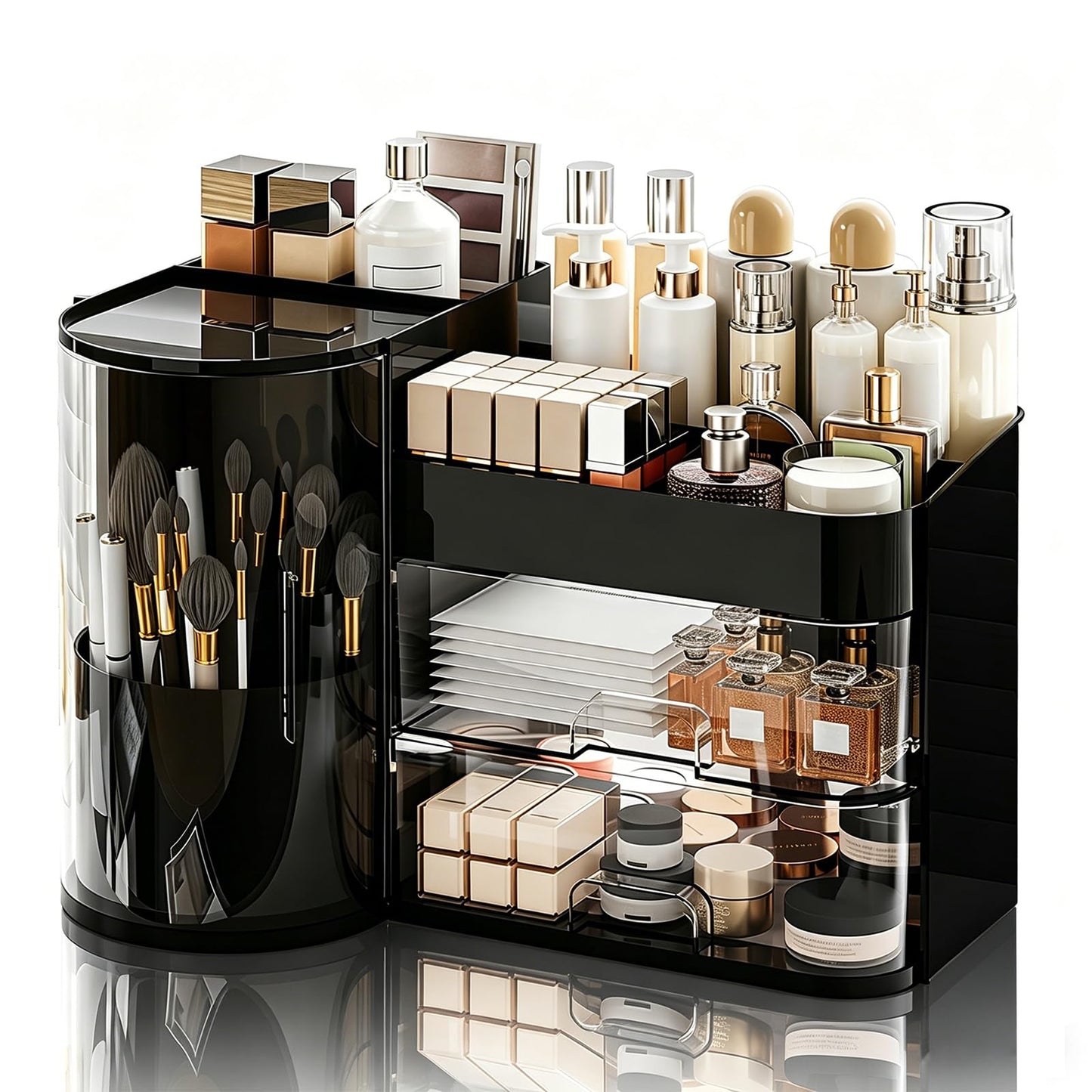 TIMBERHIDE Makeup Organizer,Rotating Cosmetic Storage Organizer with Drawers,Large Capacity Makeup Brush Holder,Skincare Vanity Organizer for Bathroom Countertop,Black