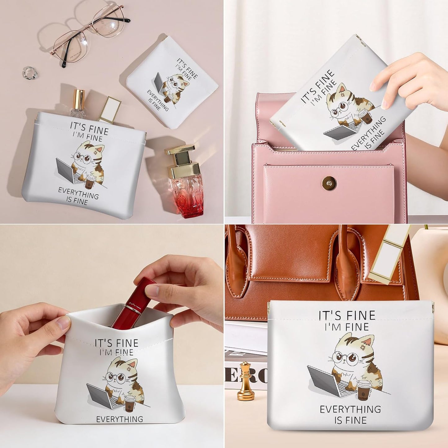 Makeup Bag Set - 2 PCS PU Leather Self-Closing Cosmetic Organizer | Portable Travel Pouch for Women - Angry Cat Design