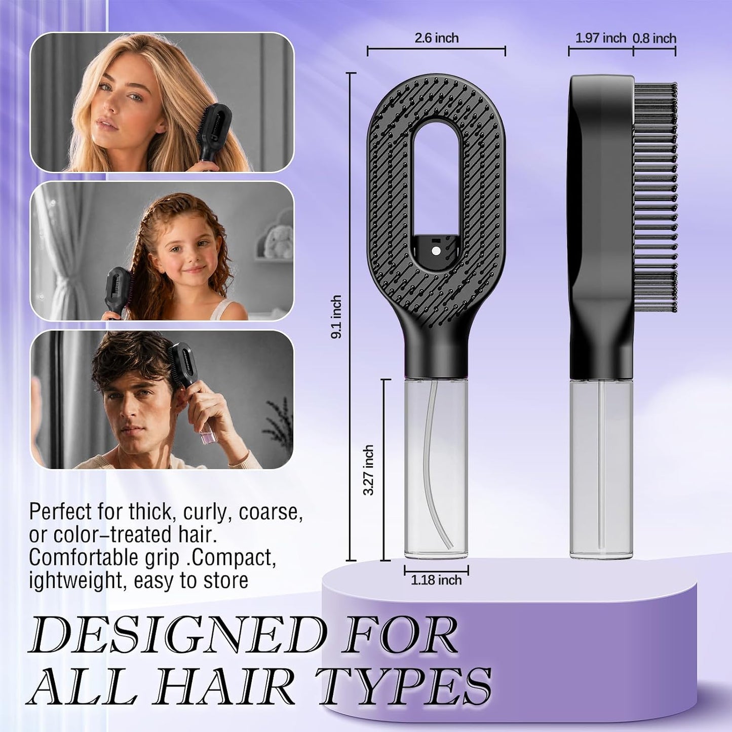 Black Hair Brush with Water Spray - Professional Detangling Tool for Thick Curly Hair | Wet & Dry Styling, Anti-Frizz Essential