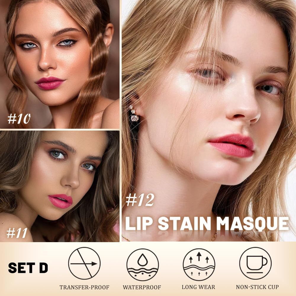 Peel Off Lip Stain Tints - 3 Pcs Long Lasting Waterproof Liquid Lipstick Set | Highly Pigmented, Non-Stick Cup