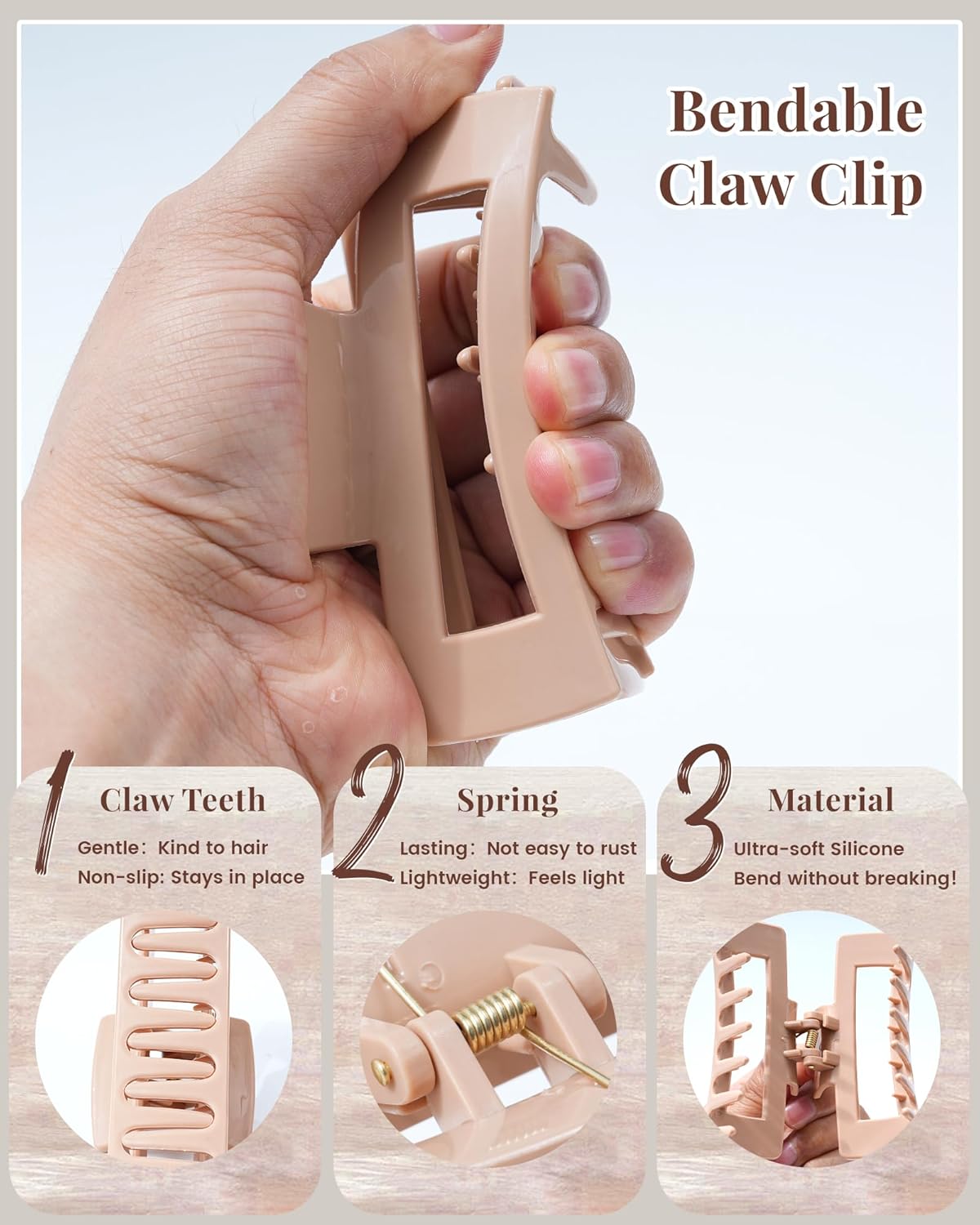 Silicone Hair Claw Clips - 4 Pack Flexible Nonslip Design | Soft Grip for Thin & Thick Hair (Dark Khaki, Light Khaki)