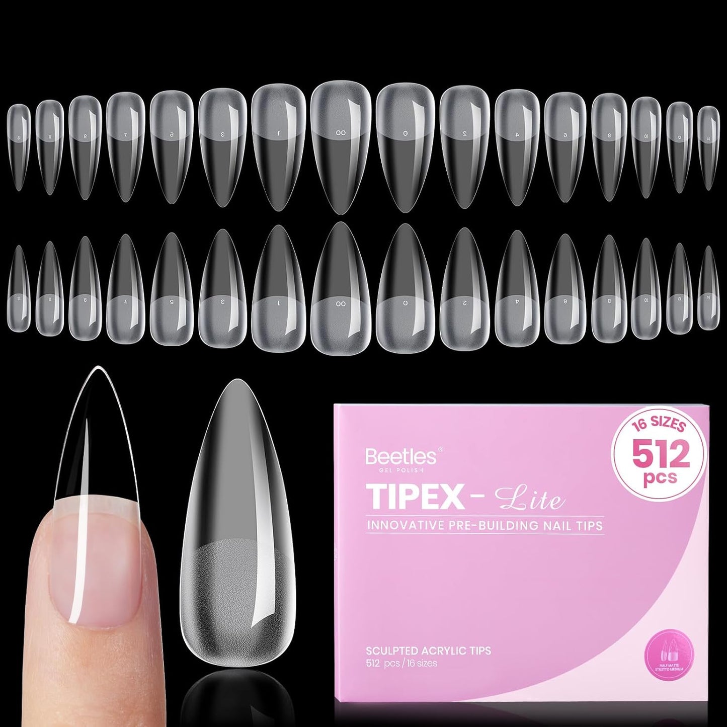 Beetles Nail Tips - XXL Stiletto Instant Apex for DIY Salon Extensions | 160pcs in 16 Sizes (00-14)
