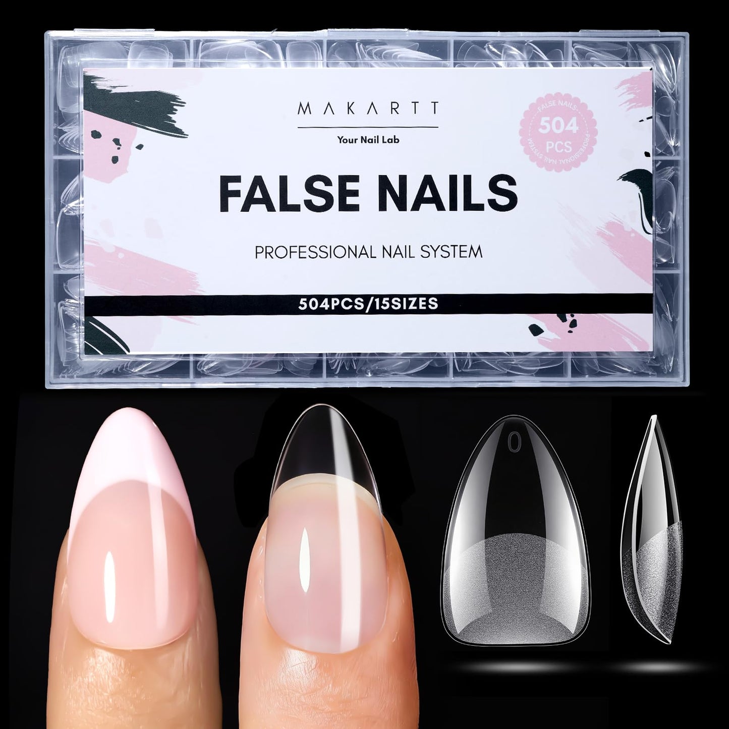 Makartt Short Almond Nail Tips: 504PCS Pre Etched Clear False Nails Tips Almond Shapes, 15 Sizes Full Cover Half Matte Soft Acrylic Press On Nail Extensions Supplies Salon and DIY at Home