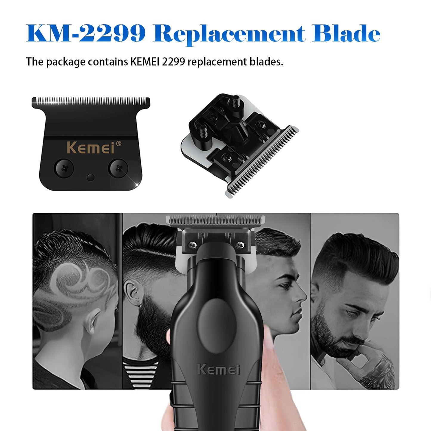 KEMEI KM-2299 Professional Hair Trimmer for Men Cordless Hair Clipper, Zero Gap T Blade Beard Trimmers, Rechargeable Barber Clippers, with KM-2299 Replacement Blade