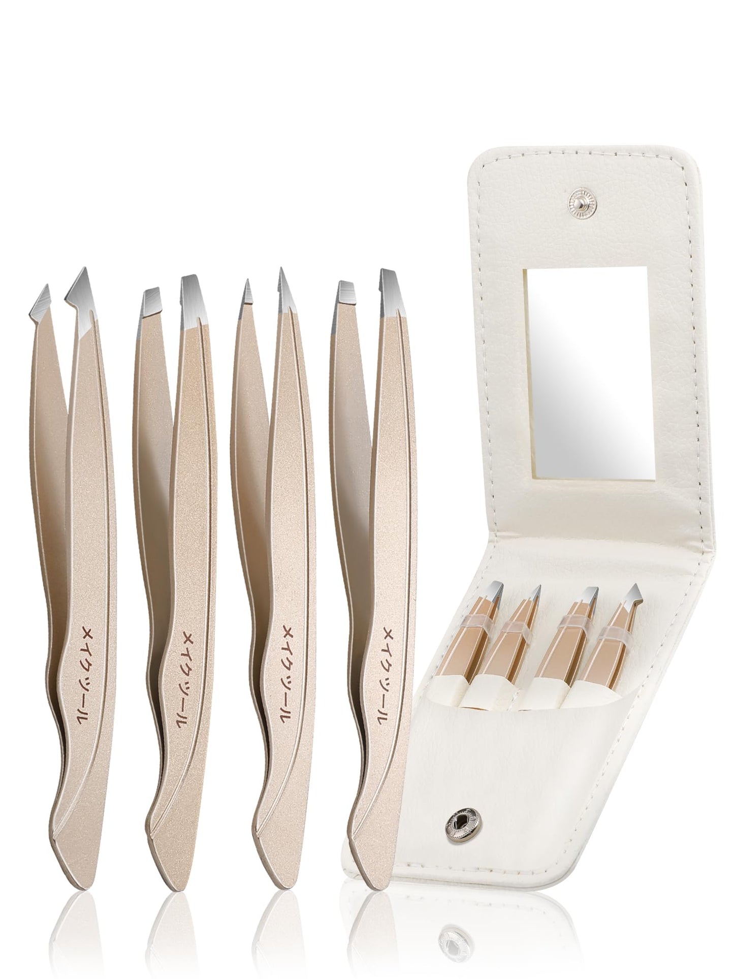 Tweezers Set for Women Facial Hair: Stocking Stuffers 4Pcs Stainless Steel Eyebrow Tweezer Set with Travel Mirror Case, Suitable for Everyday Use in Car, Purse