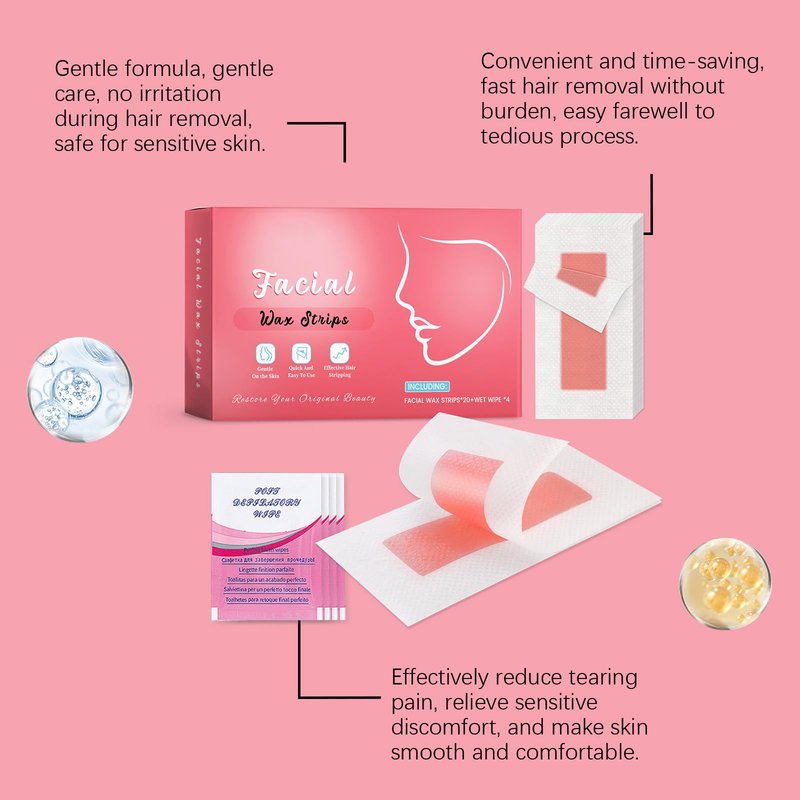 40PCS Facial Wax Strips for Hair Removal, Facial Hair Removal for Women, Waxing Kit for Women's Face, Bikini, Chest, Body, Arms, Legs, Back | 40pcs Waxing Strips & 8 calming Oil Wipes