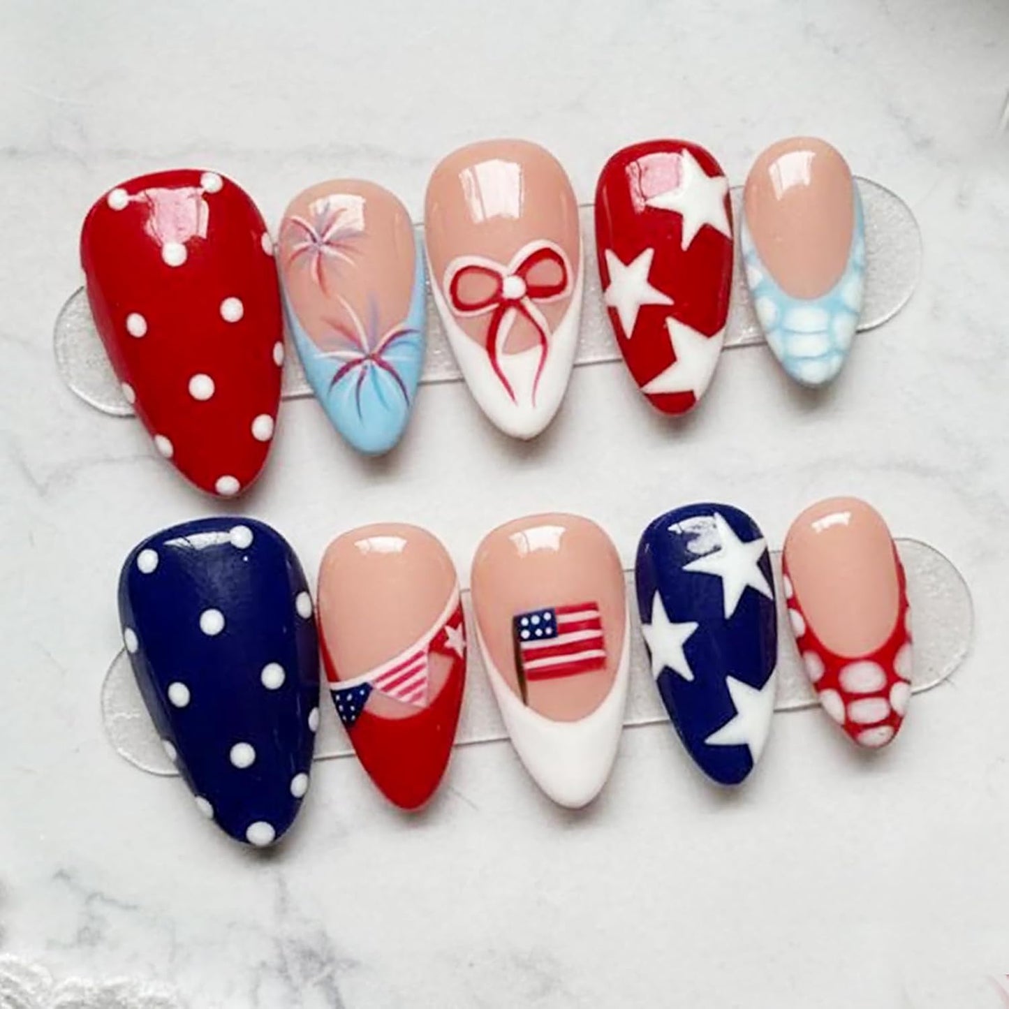 Patriotic 4th of July Press-On Nails - Short Almond French Tips | 30 Pcs Red, White & Blue with Star & Bow Designs