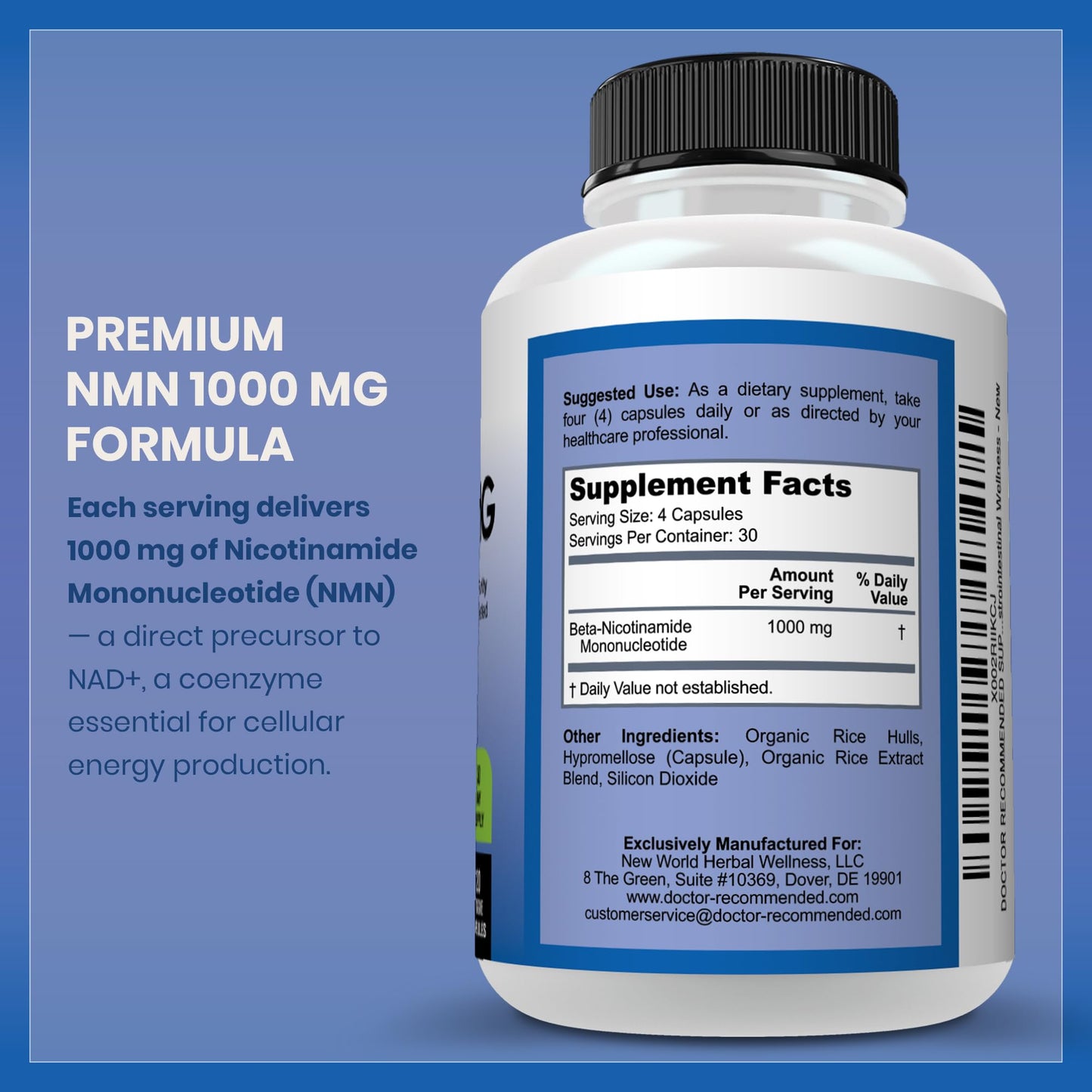 DOCTOR RECOMMENDED SUPPLEMENTS NMN 1000mg (Nicotinamide Mononucleotide) - 120 Veggie Capsules, 30 Servings - Supports NAD+ Levels & Cellular Energy - Third Party Tested, Non-GMO, Gluten Free