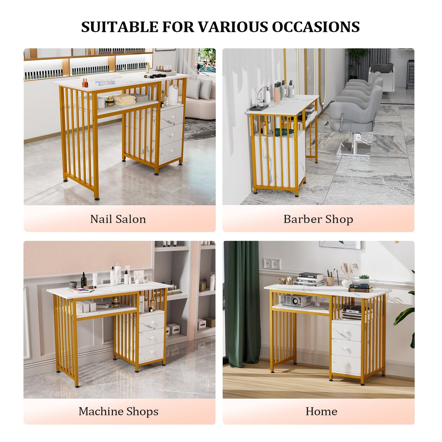 OmySalon Manicure Table w/Wooden Drawer Storage, Gold & White Marbling Nail Desk for Nail Technicians, Nail Station for Salon Spa Beauty Makeup, Acetone Resistant, 43.3'' L W/O Dust Collector