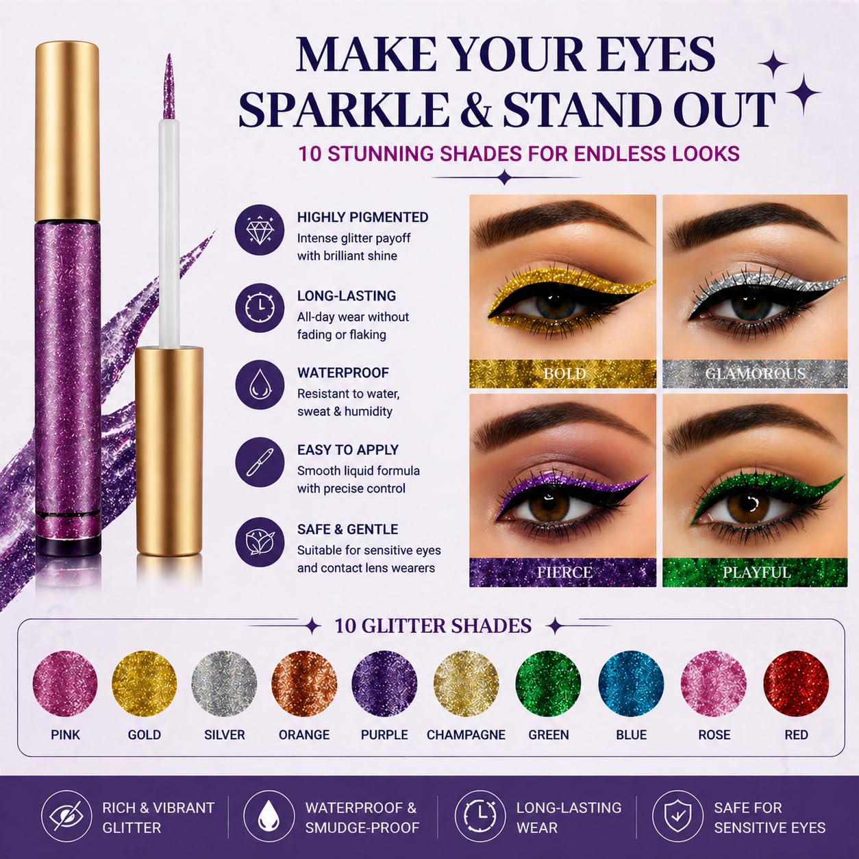 10 Colors Liquid Glitter Eyeliner Metallic Shimmer Glitter Eyeshadow Pigment Eyebrown Shimmer Waterproof Face Lips Art for Party Festival Makeup
