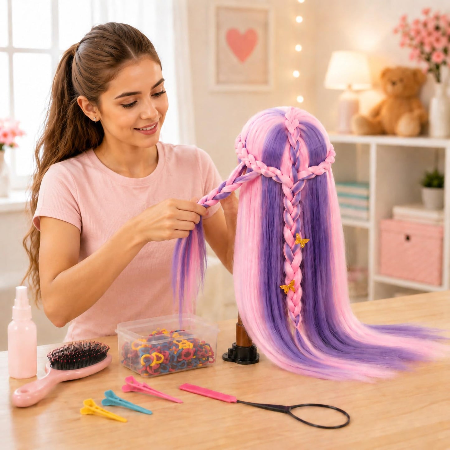 Mannequin Head with Hair,29" Professional Cosmetology Mannequin Head Doll Head for Hair Styling, Braiding, Cutting Practice, Training Head with Clamp + Practice Tools (Pink&Purple)
