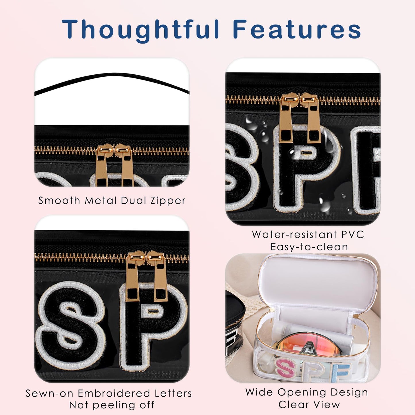 RSRSLEII Clear Waterproof Summer SPF Makeup Bag，Aesthetic Transparent Letter Patch Cosmetic Bag with Metal Zipper, Preppy Sunscreen Accessories Storage Organization, Beach Travel Purse(07SPF Black)