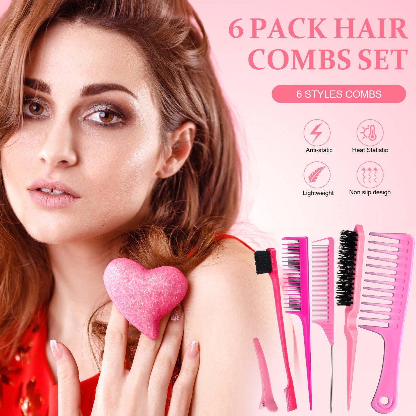 Nuenen 15 Piece Nylon Comb Set for Grooming Salon with Boar Bristle Brush Fluffy Brush Rat Tail Comb Triple Teasing Scrub Dual Edge Scrub and 10 Duckbill Clips for Women(Pink and Black)