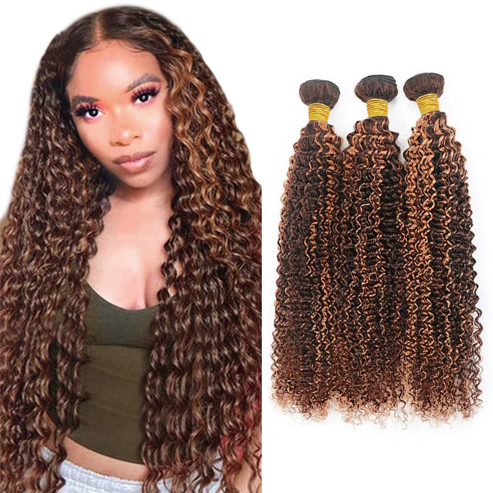 Brown Human Hair Bundles Highlight Kinky Curly Bundles Color 30 Human Hair Bundle Unprocessed Virgin Hair 3 Bundles 16 18 20 Inch