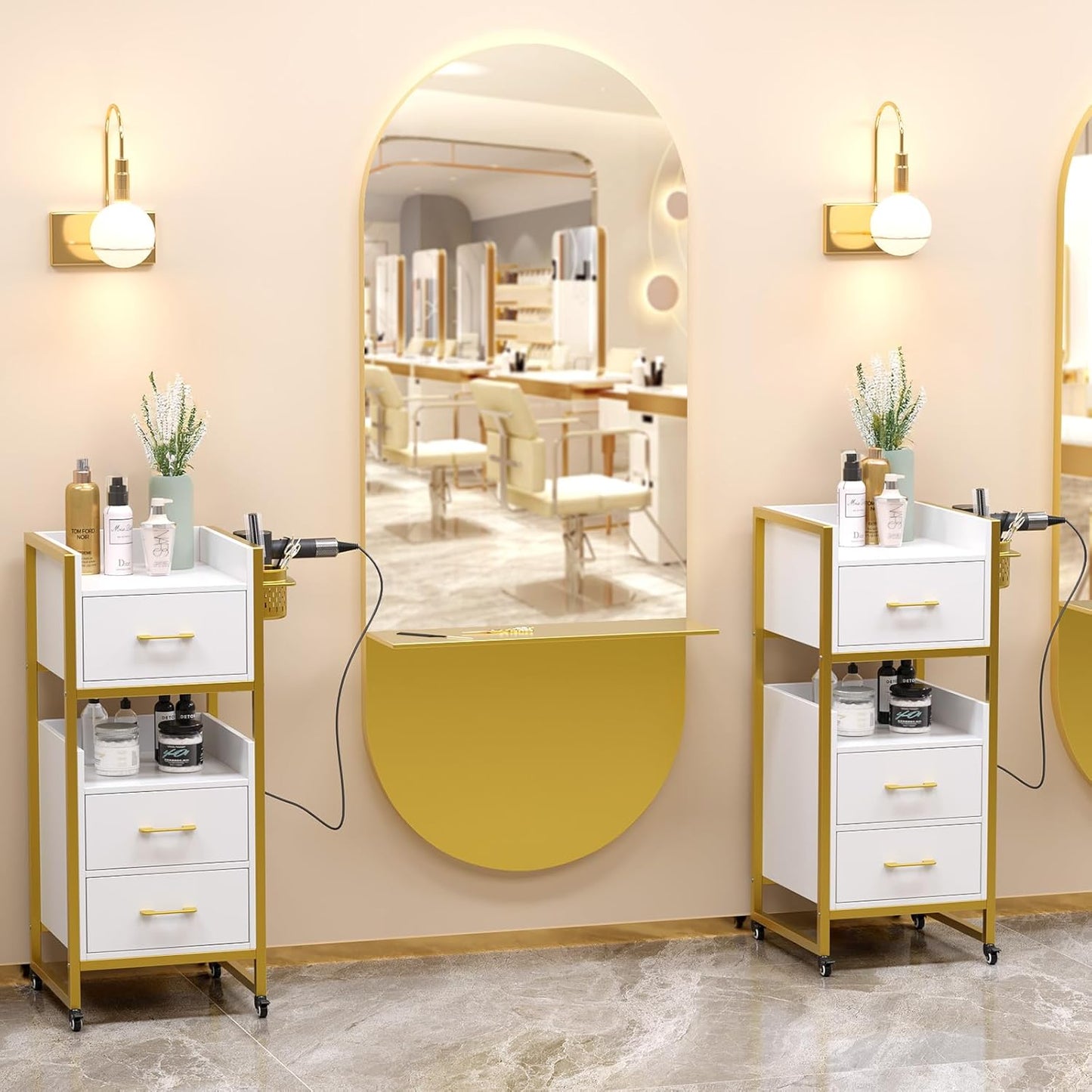 OmySalon Salon Trolley Cart - Mobile Hair Styling Station with 3 Drawers & Tool Holders | White