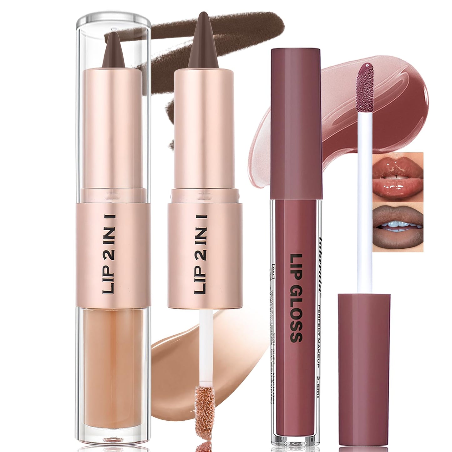 Wugbc Lip Liner and Gloss Set, 2 in 1 Lip Duo Brown Lip Liner Pencil Nude Liquid Lipstick with Nourishing Lip Gloss Smooth Plumping Lip Kit High Shine High Pigmented Lip Combo Makeup for Women
