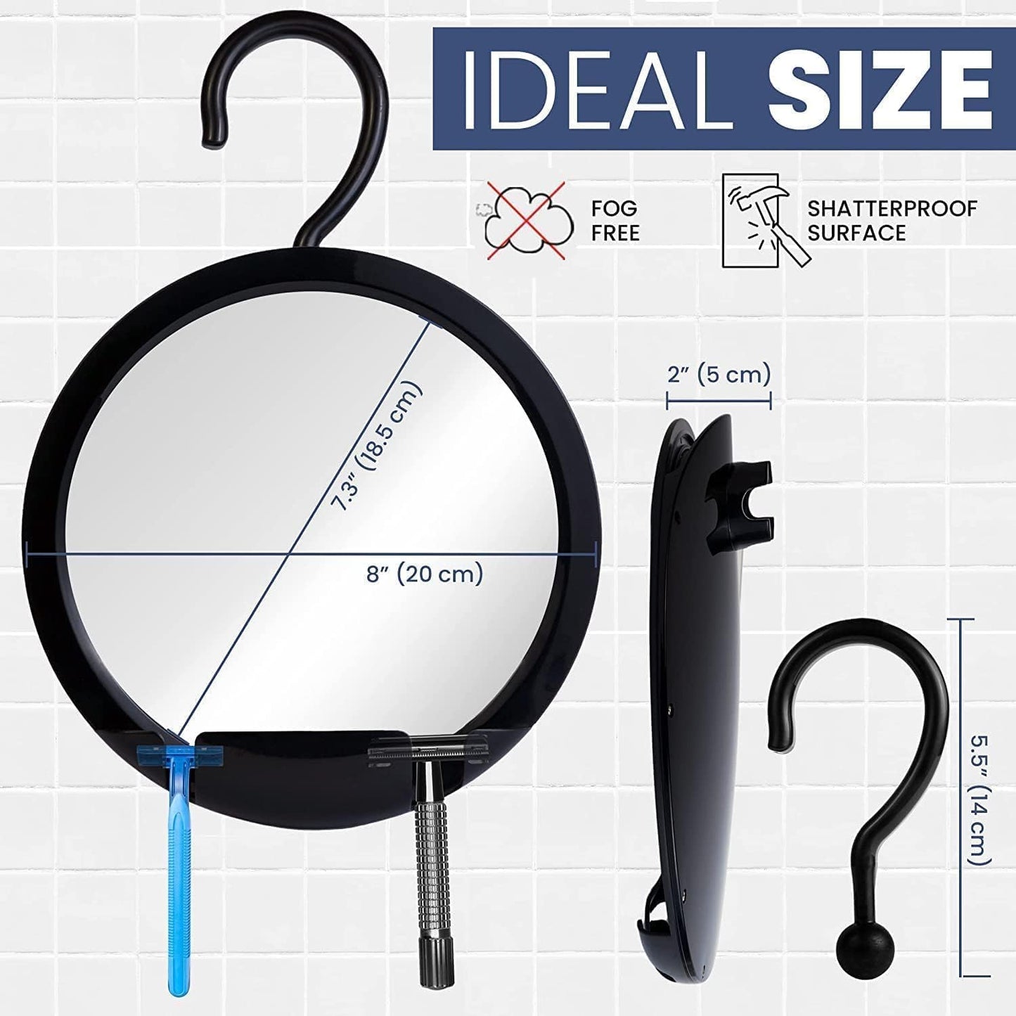 Dual Anti-Fog Shower Mirror for Shaving - Fogless Shatterproof Surface | 8" Diameter, Black