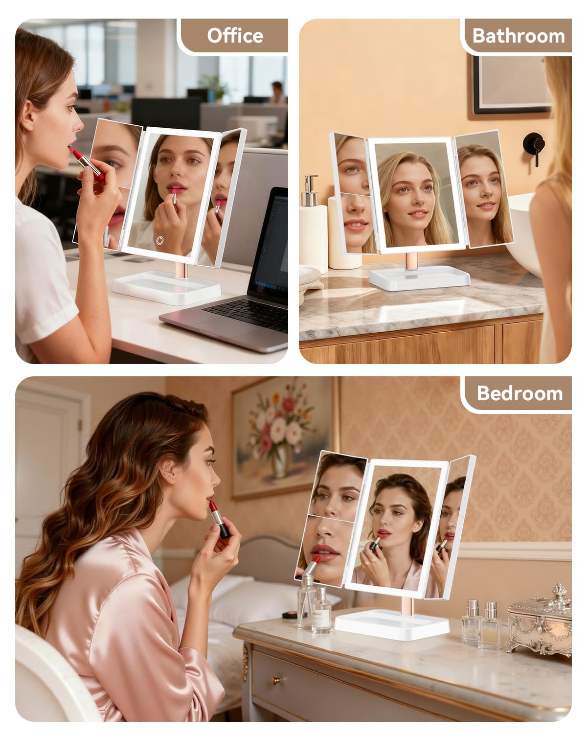 CALEPOP Lighted Makeup Mirror with Magnification, Rechargeable Vanity Mirror with Lights, 1X/2X/3X Trifold Desk Mirror, 76 LEDs, 3 Color Touch Dimming, 9 x 14 in