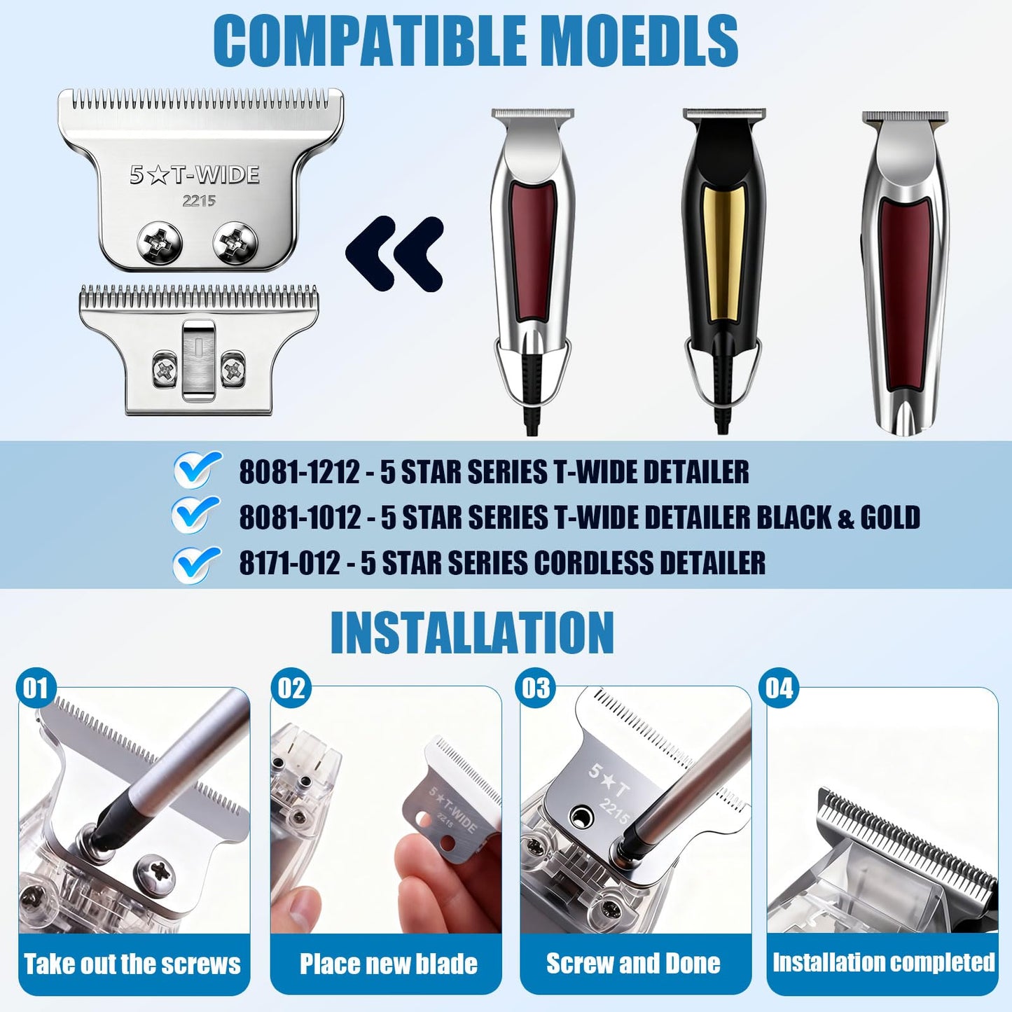2215 Adjustable Zero-Gap T Blade Replacement for Wahl 5 Star Detailer Li Trimmer Models 8081/8171 (Silver-3pcs)