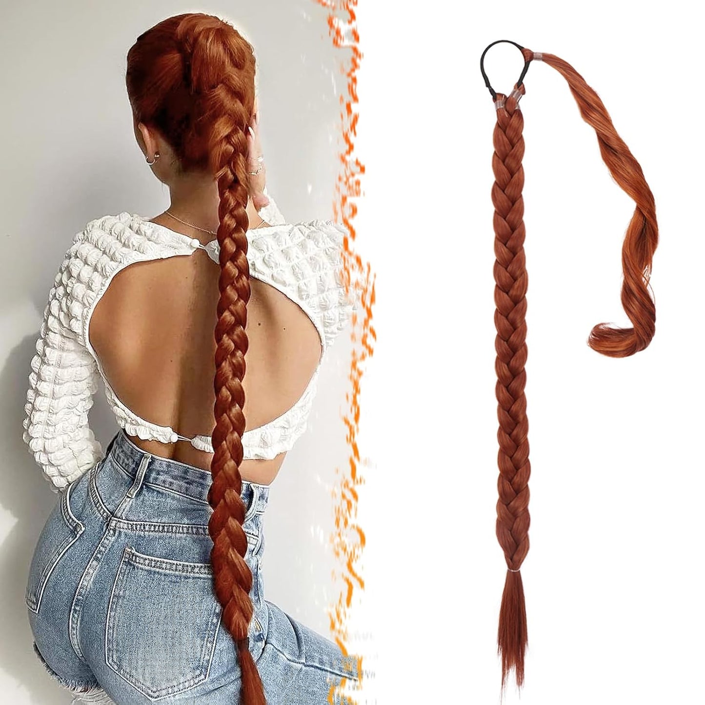 30 Inch Long Braided Ponytail Extension - Copper Red Wrap Around Hairpiece | Synthetic Hair for Women