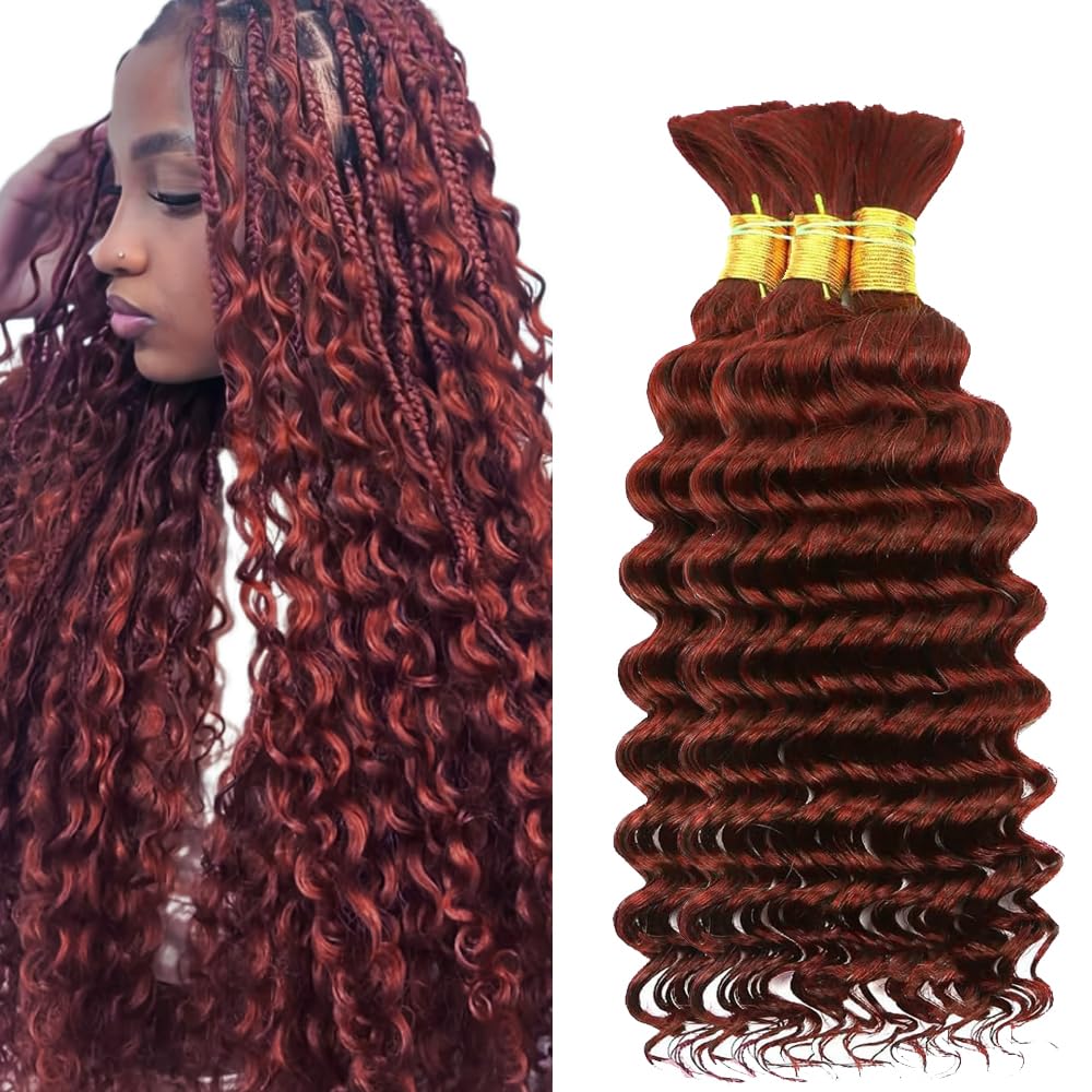 #33 Human Braiding Hair For Boho Braids Reddish Brown Human Braiding Hair Knotless 12A Deep Wave Bulk Bohemian Copper Red Braids 3 Bundles/Pack 150g 22 22 22 Inch
