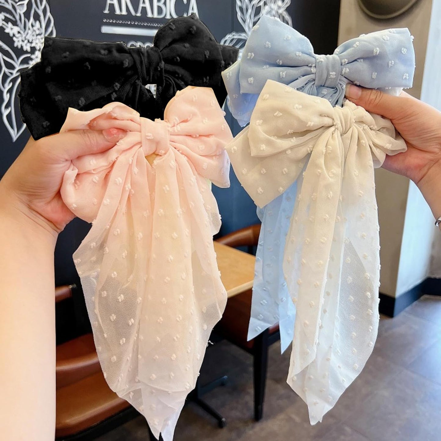 Large Hair Bows for Women - 4 Pcs Big Bow Clips | French Barrette Bowknot with Long Tail (Pink, Blue, White, Black)
