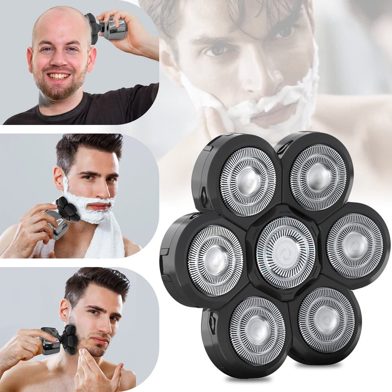 Electric Shaver Replacement Heads 7D - 7 Replacement Blades Head Razor Head Universal Stainless Steel Rotary Blade for Bald Razor for Men (7 Heads Black)