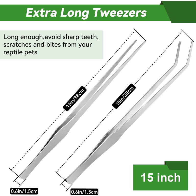 Long Tweezers for Aquarium 15 inch - 2 Pcs Stainless Steel Reptile Feeding Tongs, Curved and Straight Design with No Slip Tips,Terrarium Aquascape Tools Snake Bearded Dragon Tank Accessories