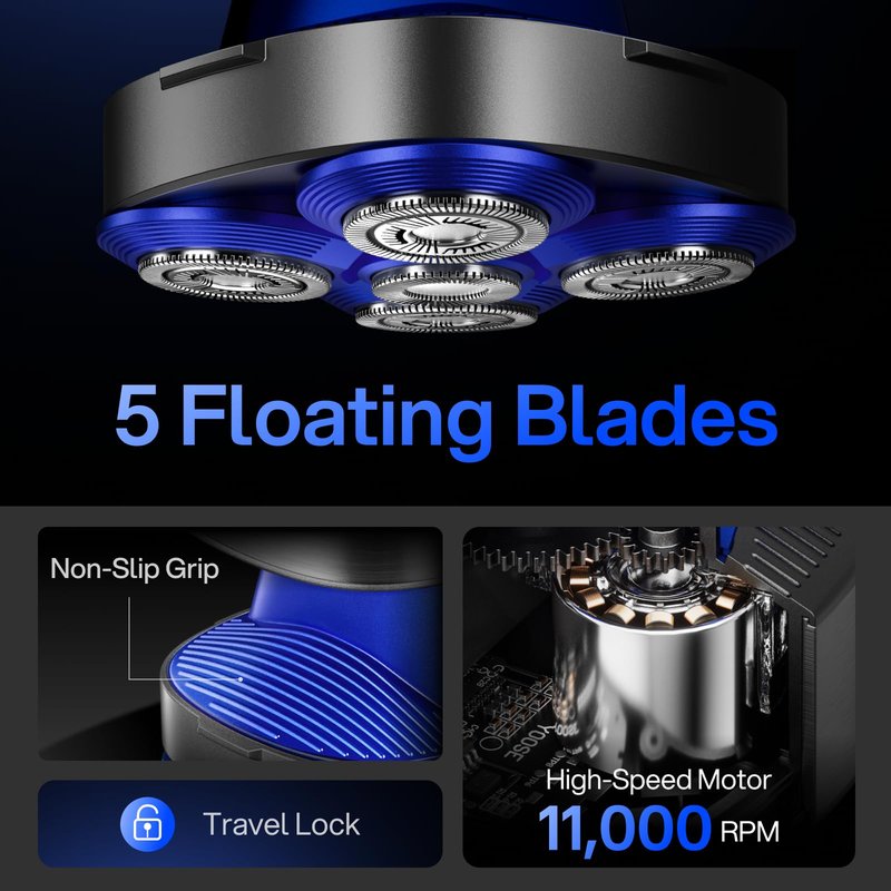 yoose Head Shavers for Bald Men, IPX7 Skin Close Electric Razor for Men (Ergonomic Design, USB-C, 90-Min Usage, 5 Floating Cutting Heads), Intelligent PID Control, Battery Indicator, H5 Silver