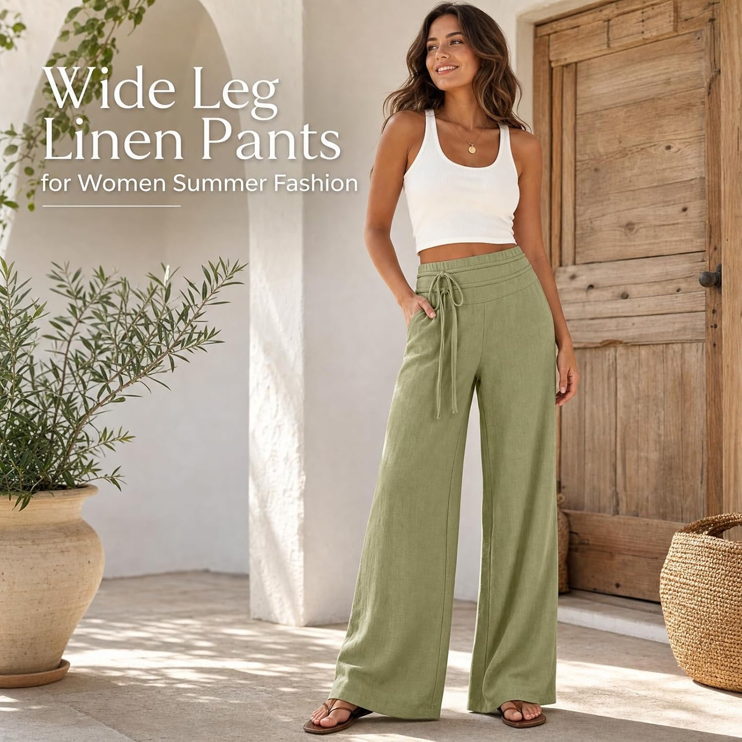 Wide Leg Linen Pants for Women - Loose Flowy Palazzo Trousers | Summer Beach Vacation Outfit