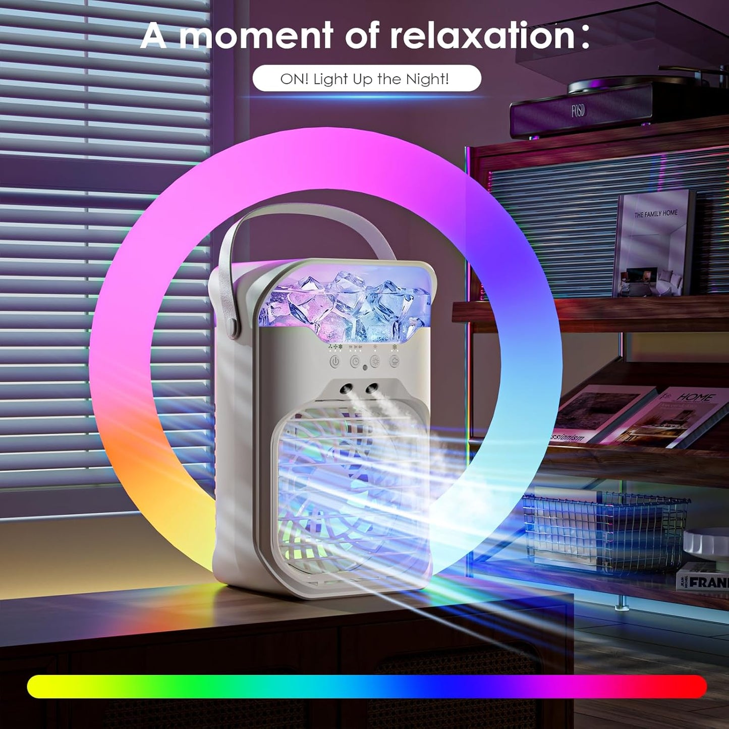 Portable Air Conditioner - 4-in-1 Cooling Unit with 3 Fan Speeds & 1600ML Water Tank | Remote Control & 10 Color Night Light for Home, Office, Outdoor