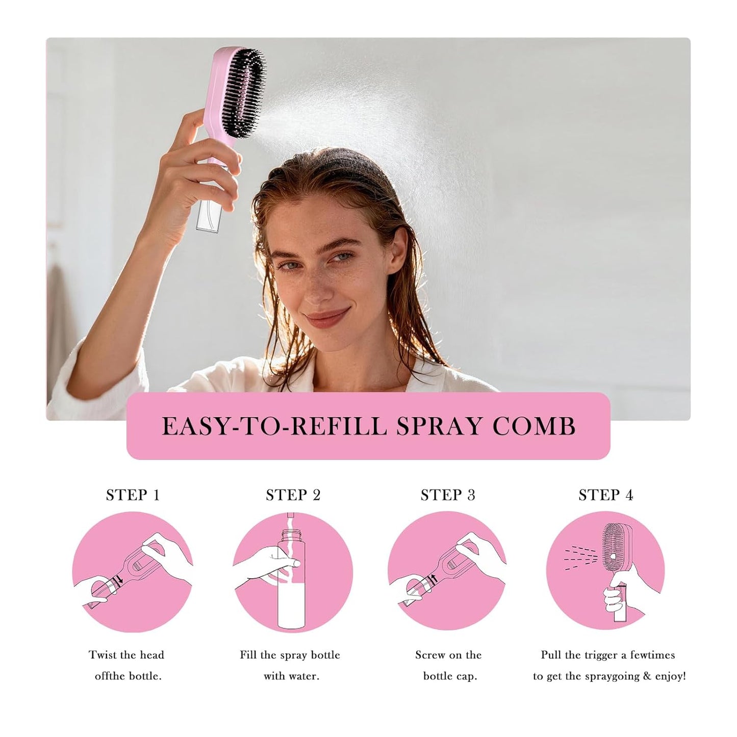 2-in-1 Detangler Hair Brush - Wet & Dry Curly, Wavy, Straight Hair | Built-In Mister Spray, 50ml Water Reservoir (Pink)