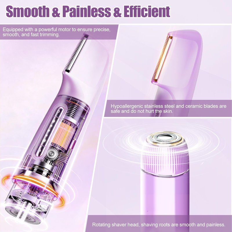 Bikini Trimmer for Women 2 in 1, Dual Head Womens Electric Shaver, Electric Razors for Pubic Hair, IPX7 Waterproof Rechargeable Facial Hair Removal for Shaving Underarm Leg Arm Body Face, Light Purple