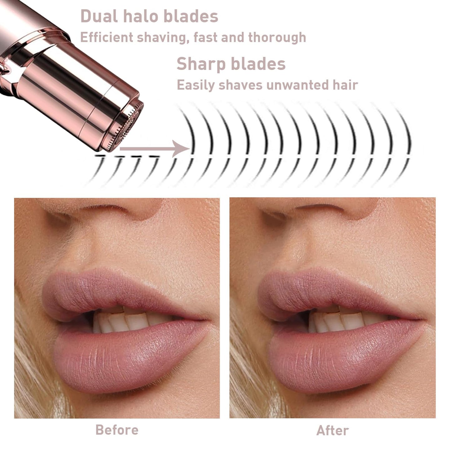 innobeaut Women's Painless Hair Remover for Women, Battery Powered Facial Hair Shaver for Lips, Chin, Neck, and Cheek with 2 Replacement Heads, Rose Gold