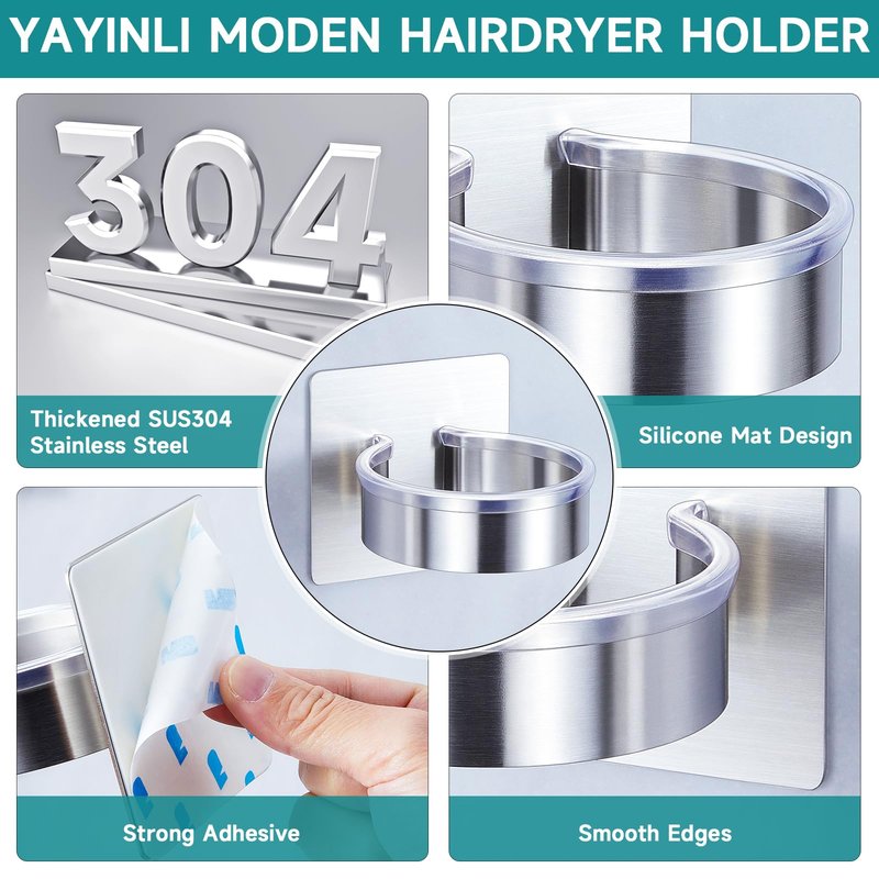 YAYINLI Hair Dryer Holder Wall Mount, Blow Dryer Holder Wall, Adhesive Hair Dryer Hanger, Blow Dryer Organizer, Hair Tools Organizer for Bathroom Salon Barber Shop Hotel (Silver)