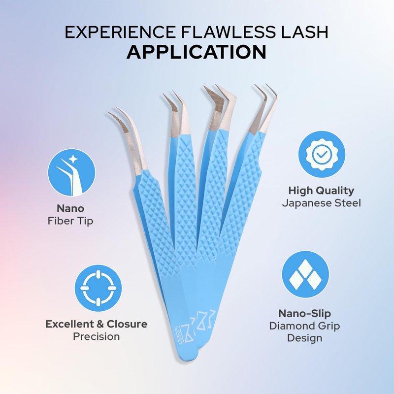 M LASH Tweezers for Eyelash Extensions (Set of 4) - Professional Lash Extension Tweezers - Fiber Tip, Japanese Steel, Diamond Grip Eyelash Extension Tweezer set (PW)