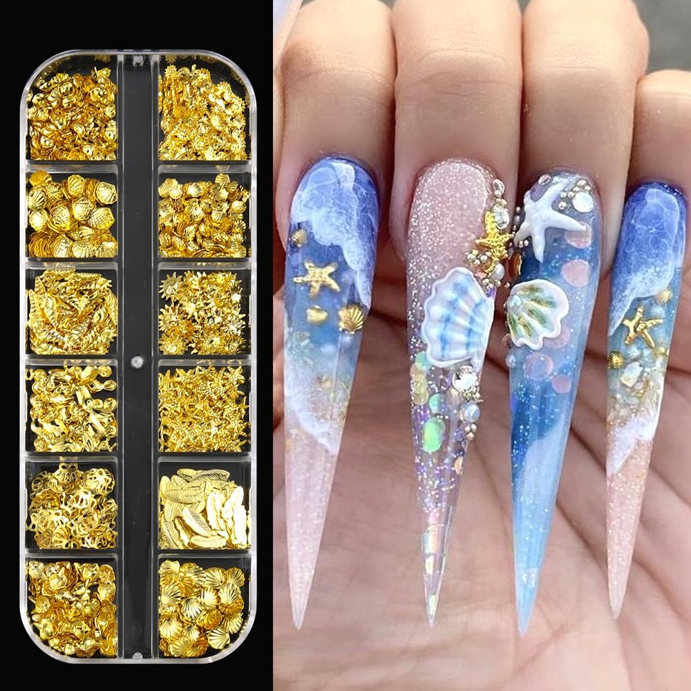 3D Star Nail Art Charms - Gold Metallic Studs & Rhinestones | Mixed Styles for DIY Manicure Supplies